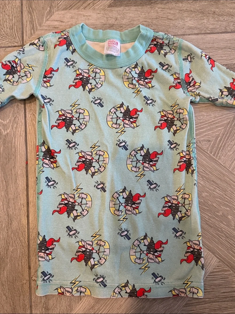Hanna Andersson Light Blue Kids Pajama Set with Red and Black Superhero Print